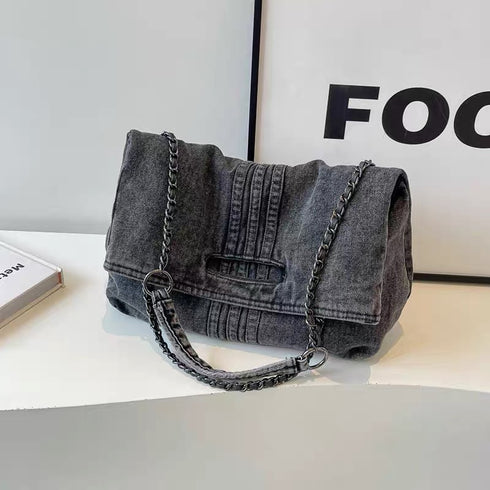 Casual Denim Bag with Metal Chain